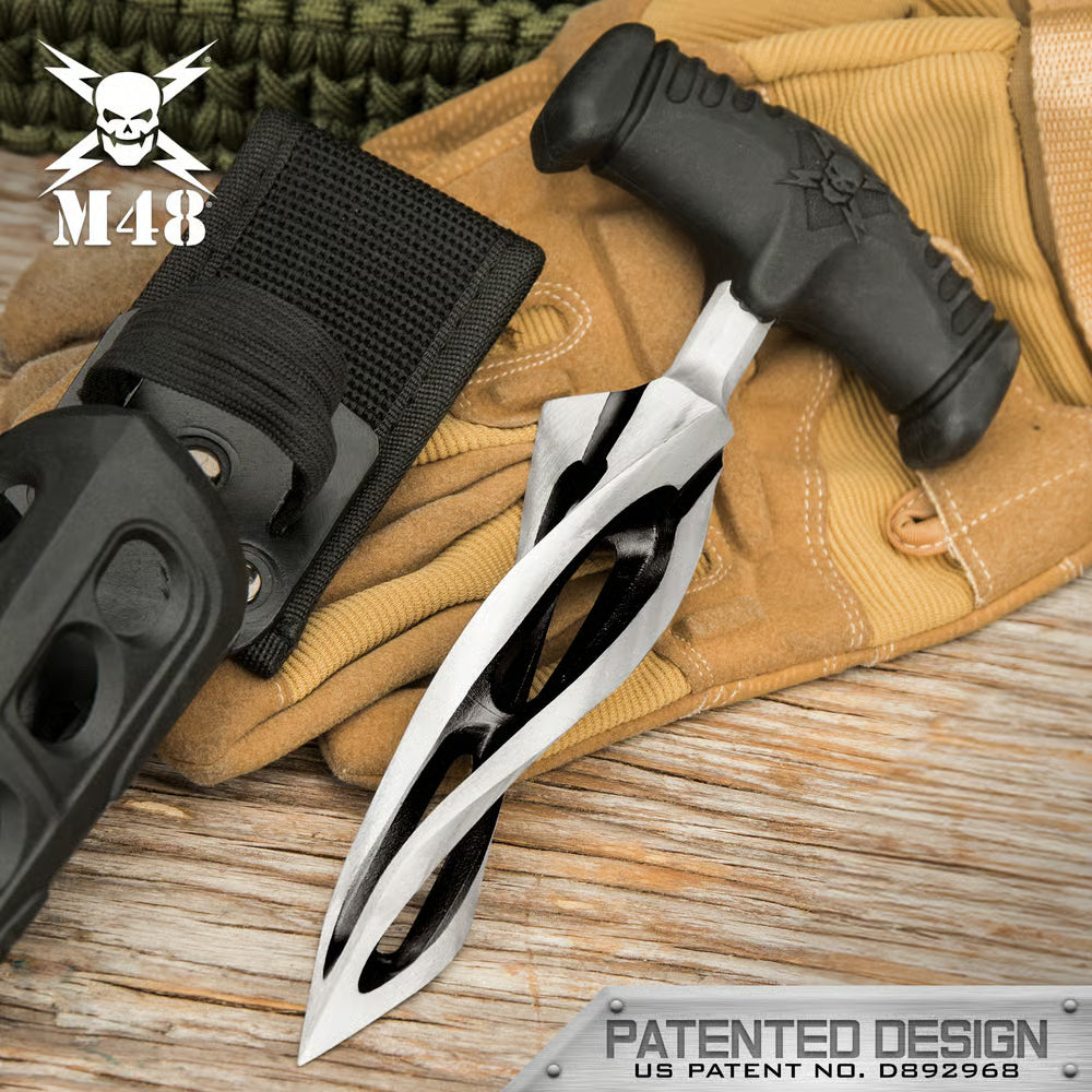 M48 Cyclone Push Dagger And Sheath - 2Cr13 Cast Stainless Steel Blade, Black Oxide Coating, TPR Rubber Handle - Length 7 3/8”