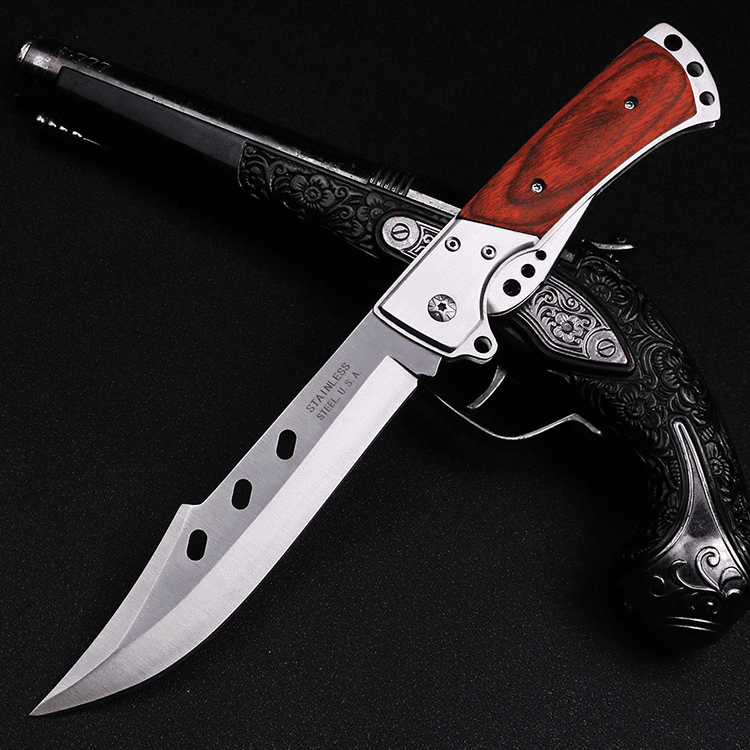 Colorful Wooden Handle Bowie Folding Knife