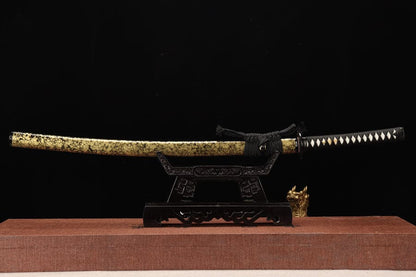 Hand Forged Japanese Samurai Katana Yama T8 carbon tool steel Yellow engraved knife sheath