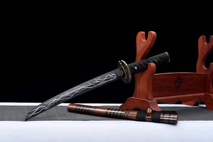 Hand Forged Japanese Tanto Storm Short Sword Manganese Steel Blackened blades